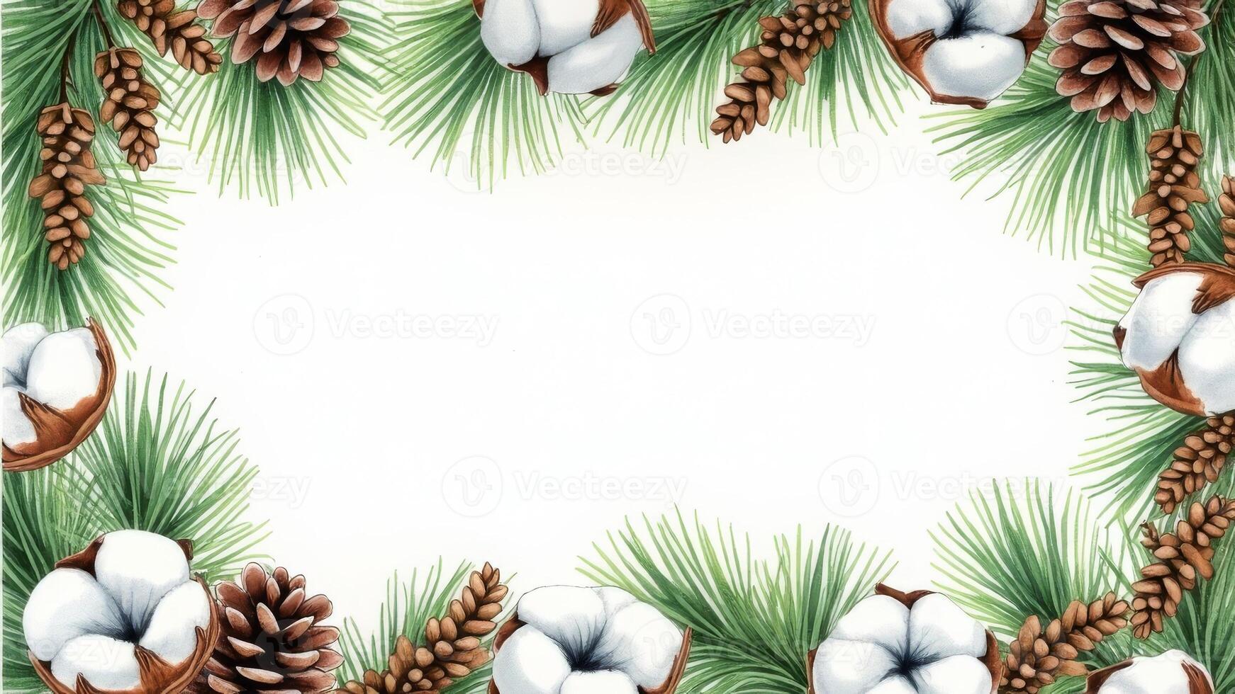 Watercolor frame of pine branches, cones, and cotton on white photo