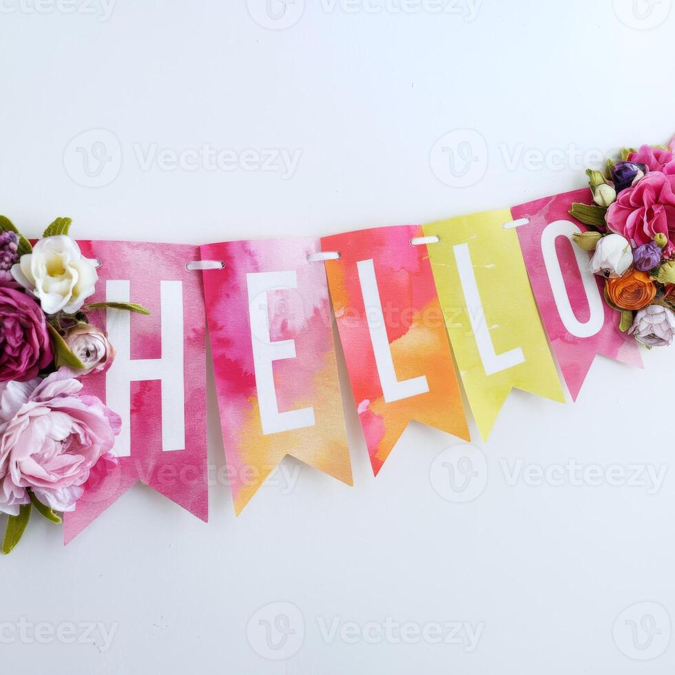 Colorful Hello banner with floral decorations photo