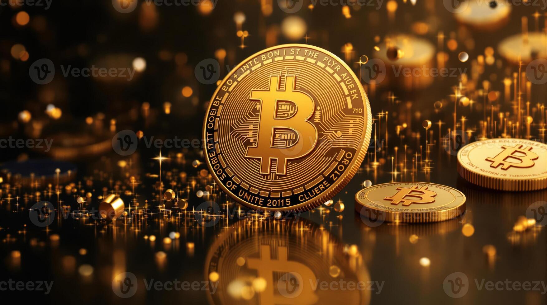 Detailed close-up of a golden Bitcoin with blurred coins and shimmering gold in the background photo