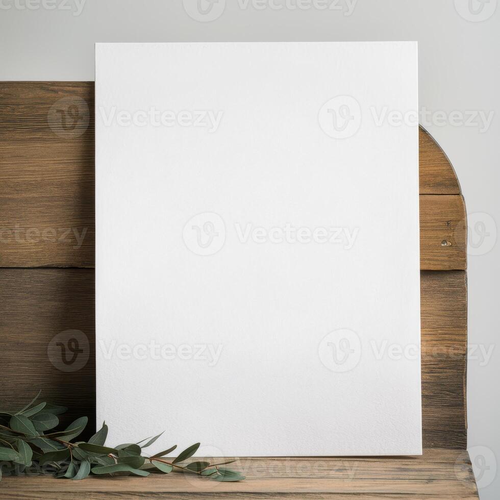 Blank white vertical canvas on rustic wood with eucalyptus leaves photo
