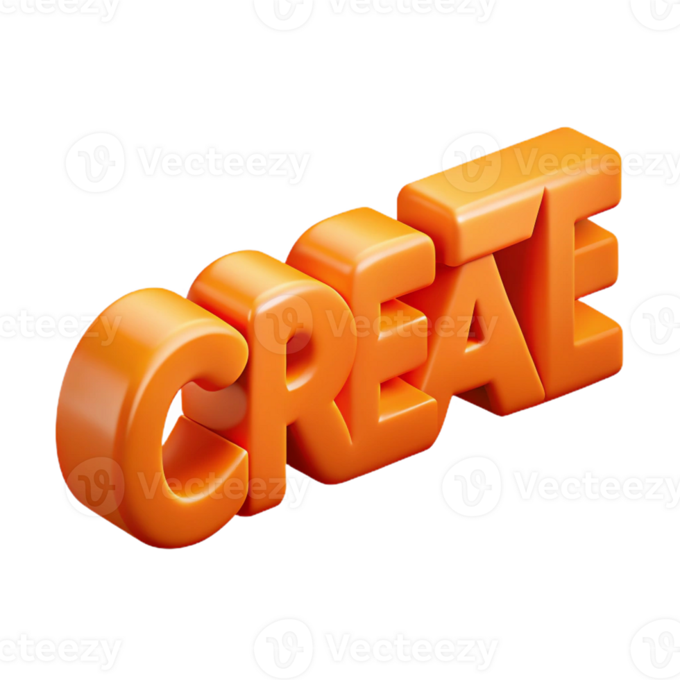 bold dazzling CREATE in a minimal, flat orange font. Sharp edges with Scalable Design. 8K png