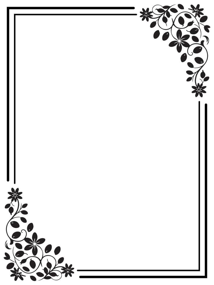 Ornamental rectangular frame with black swirl floral corner elements on white background. vector