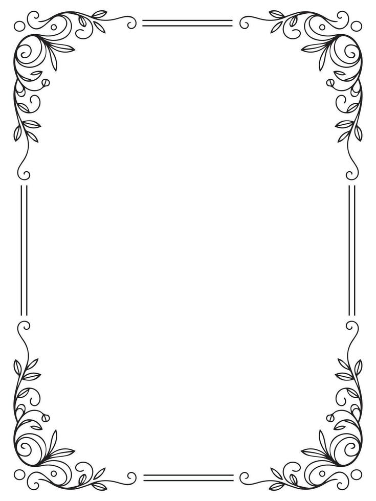 Ornamental rectangular frame with black swirl floral corner elements on white background vector