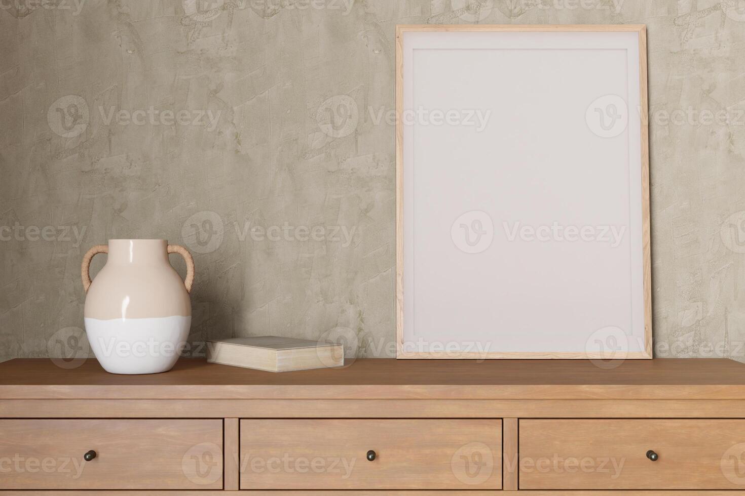 A minimalist interior showcases an empty picture frame on a wooden console, accompanied by a decorative vase and book. This setup invites personal artistic expression and creativity. 3D render. photo