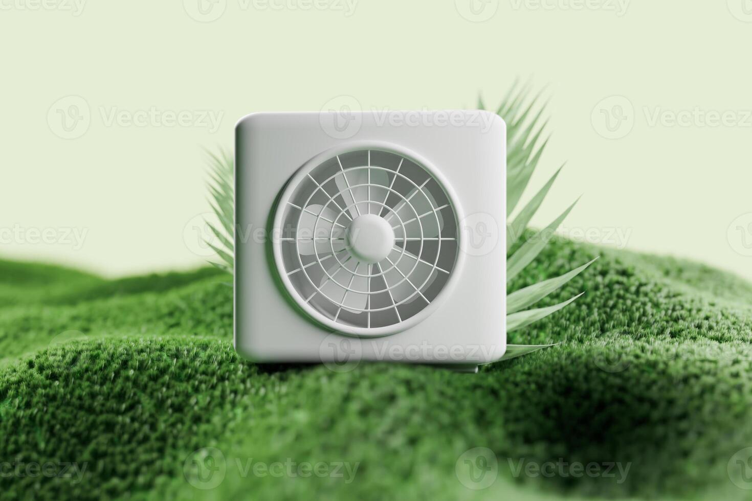 A detailed 3D rendering of an air source heat pump, prominently displayed against a lush green background. This design emphasizes energy efficiency and environmental harmony photo