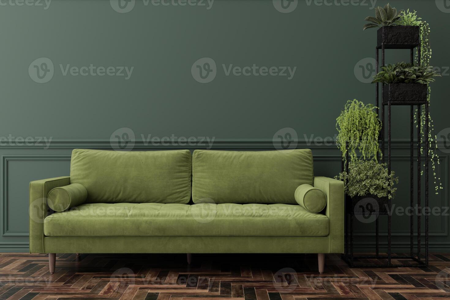 Contemporary interior showcasing a plush green sofa that offers comfort and style. A tall plant stand filled with greenery enhances the ambiance of the room. Empty wall for picture display. 3D render. photo