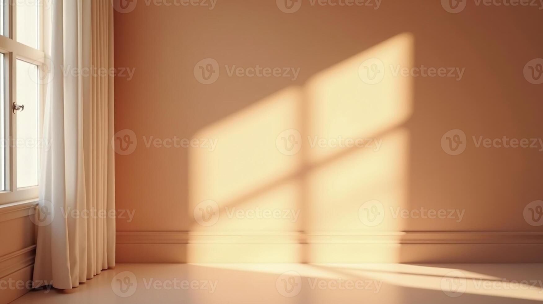 A serene, sunlit room with soft, warm lighting and elegant window treatment. photo