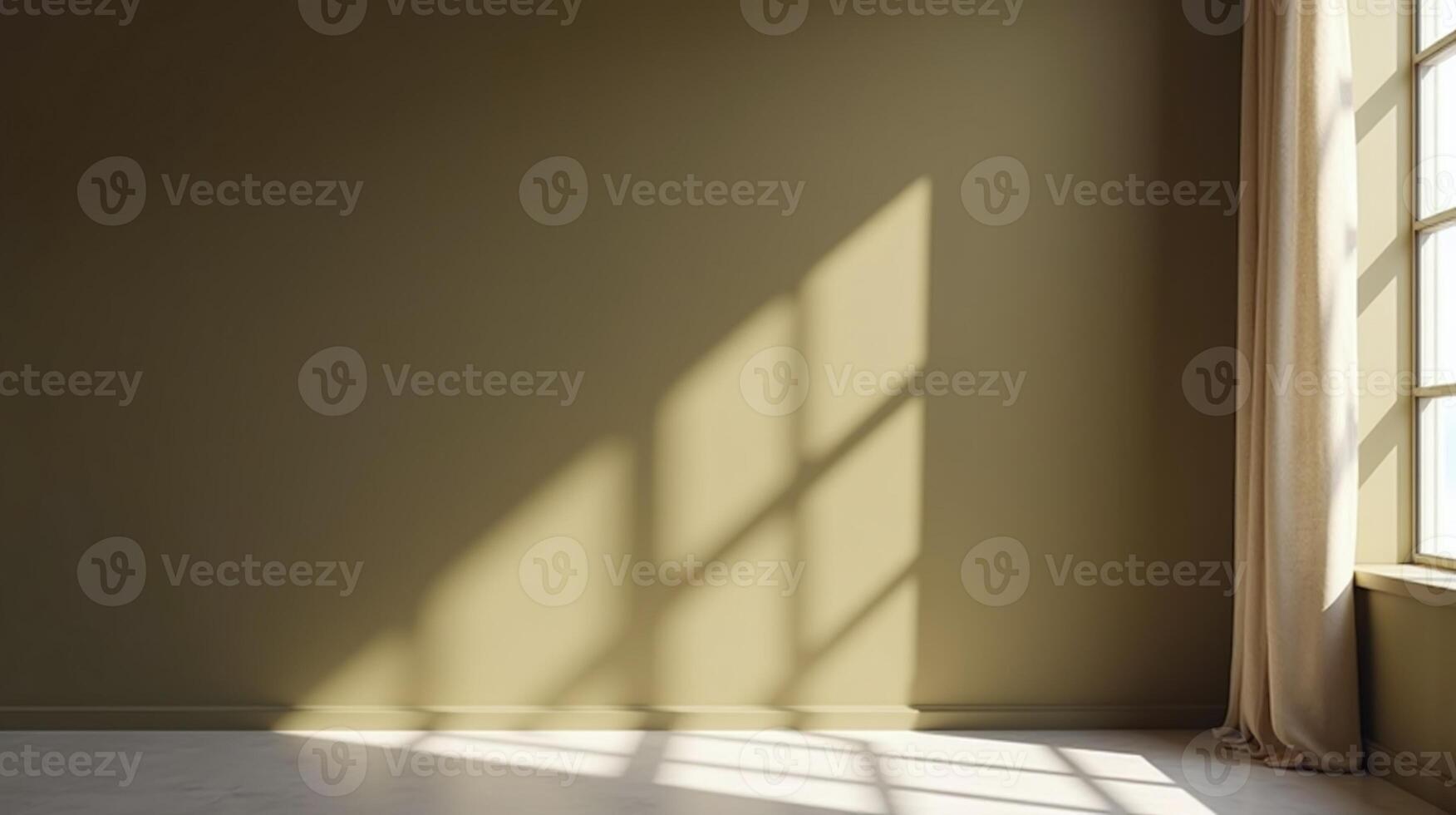 The image depicts an empty room with a large window allowing natural light to create shadows on the wall. photo