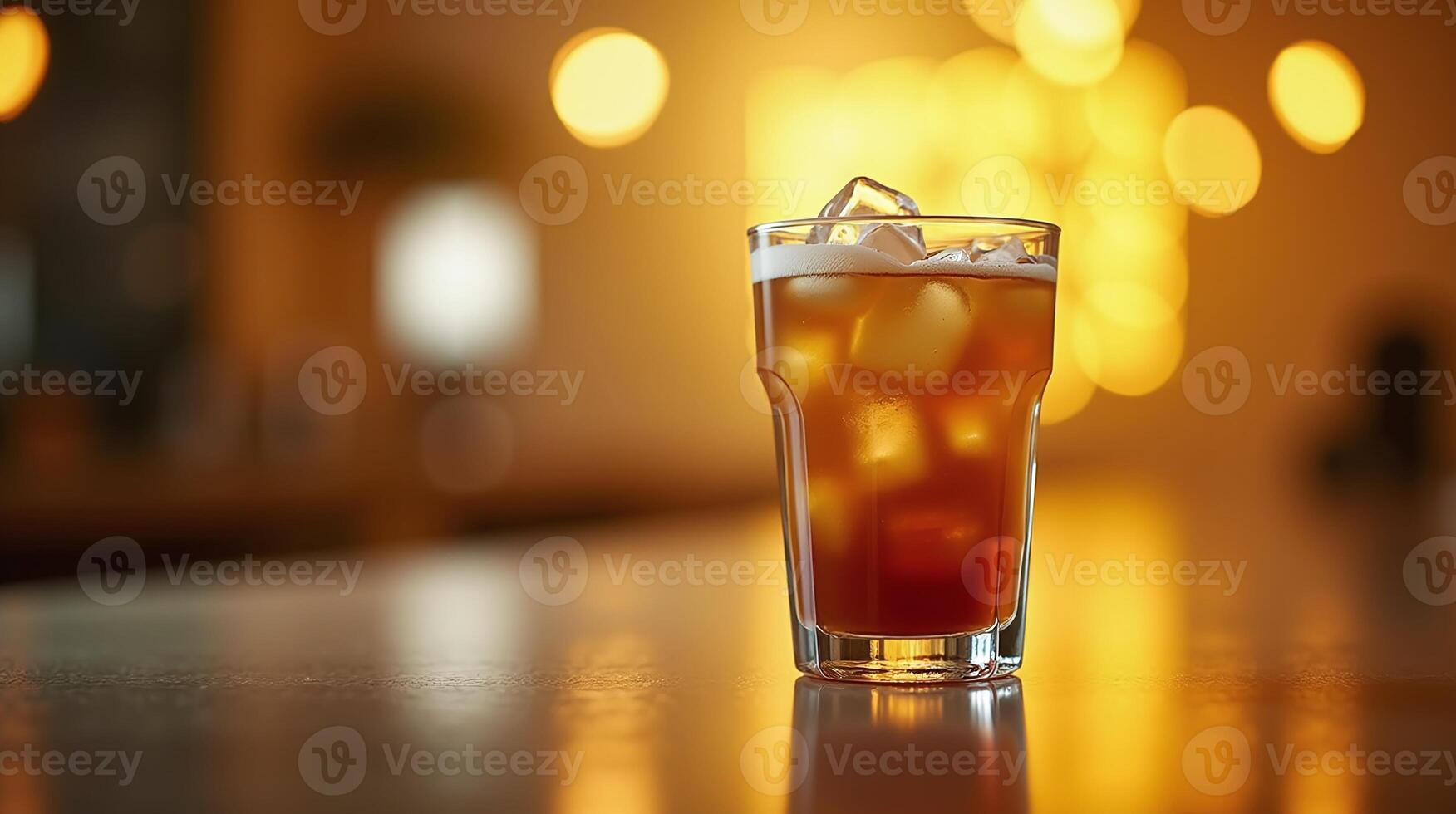 A glass of iced tea with ice cubes on a table. photo