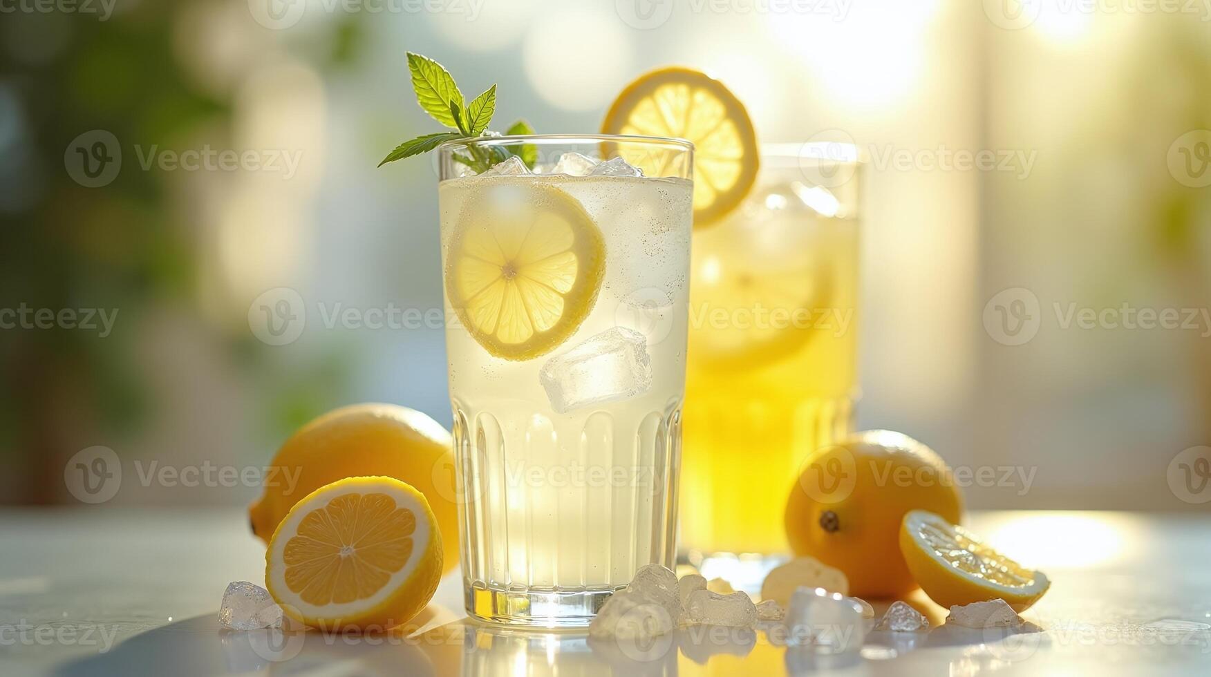 A refreshing beverage with lemon slices, ice, and green leaves. photo