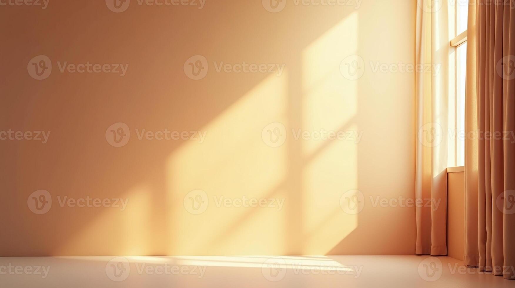 A serene, sunlit room featuring a window with golden curtains. photo