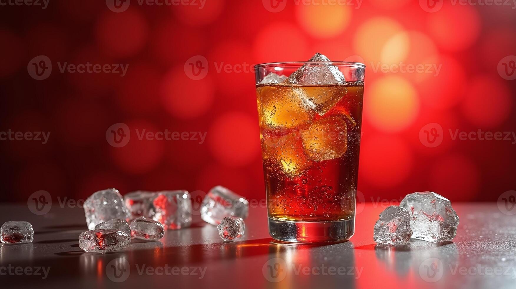 A tall glass filled with a refreshing beverage and ice cubes, set against a vibrant red background. photo