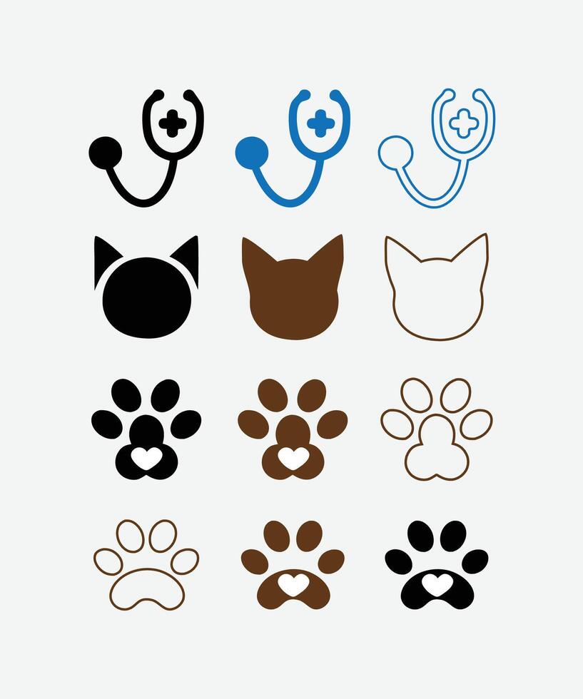 Cat Care Icon Logo with Paw Stethoscope Medical Cross And Heart vector