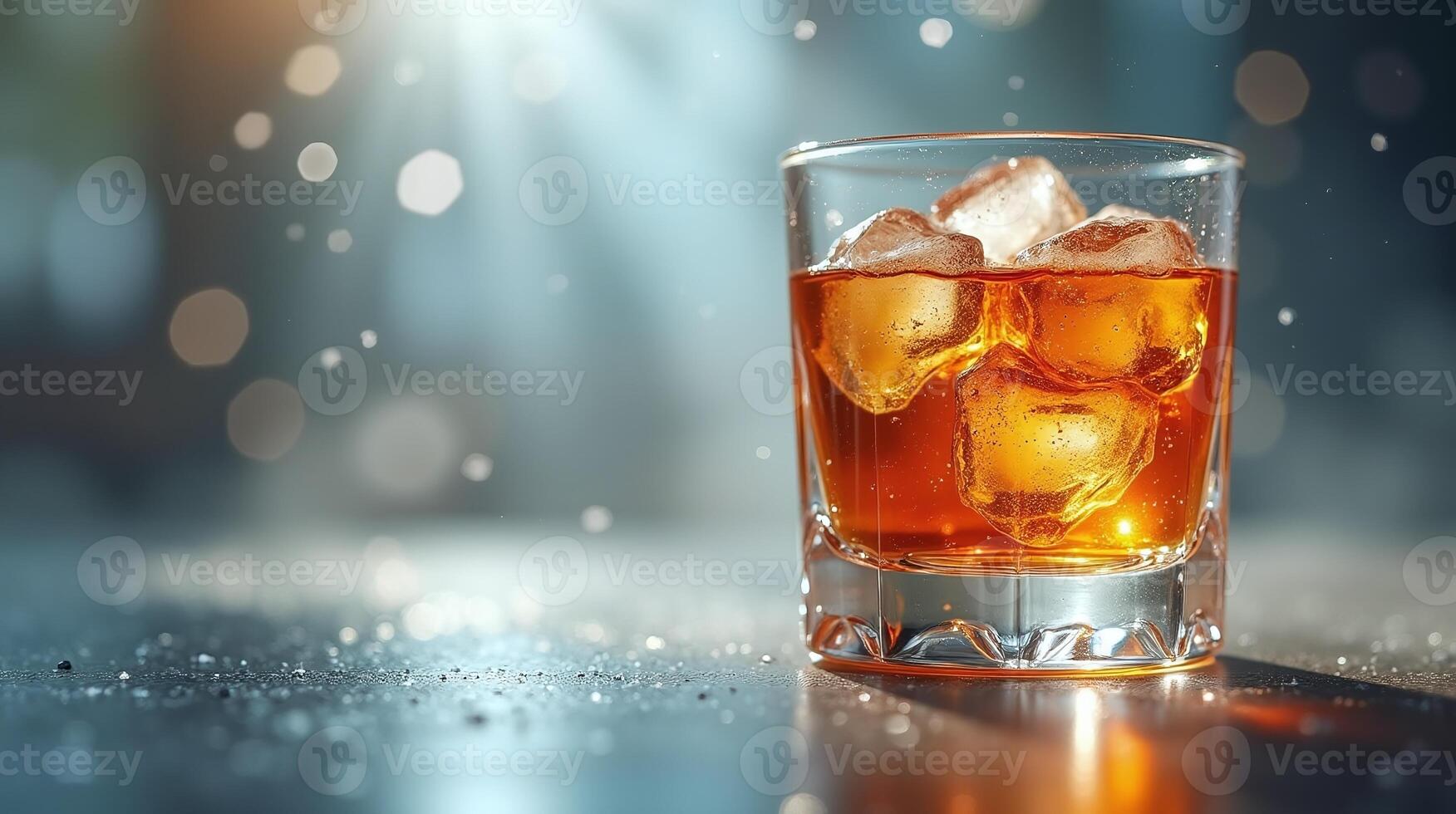 A well crafted caption for this image could be A glass of amber-colored liquid, garnished with ice, stands prominently against a softly blurred background photo