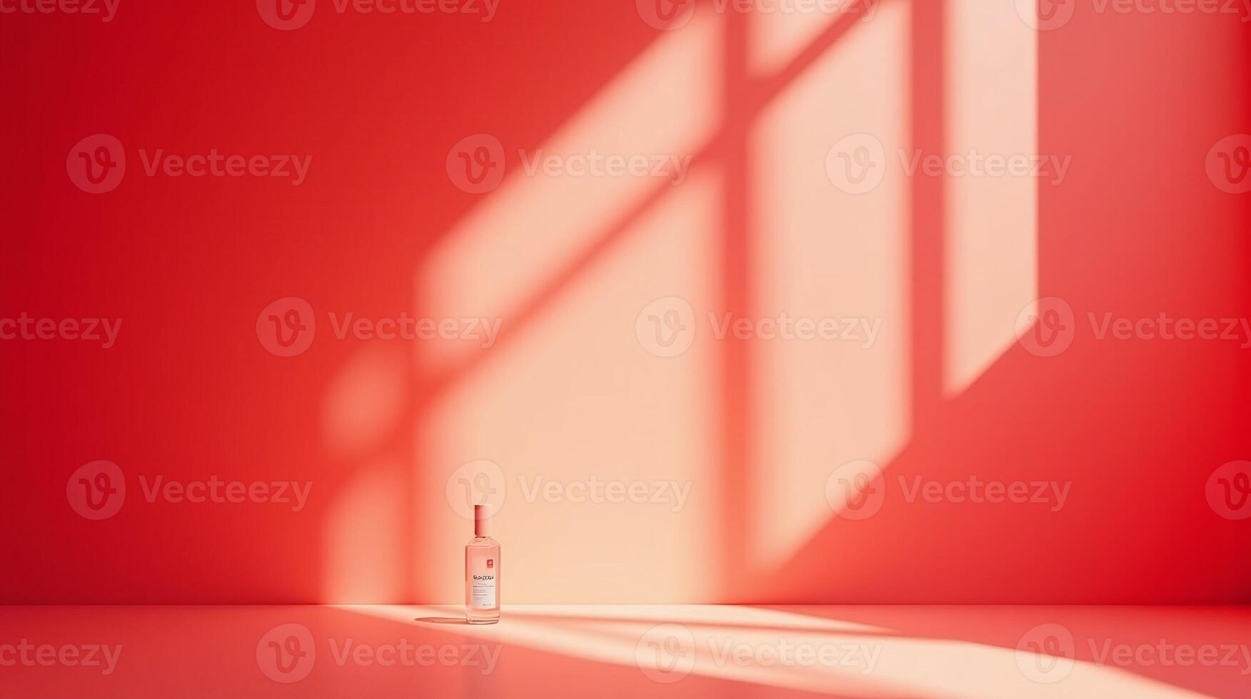 A refined perfume bottle casts intricate shadows against a vibrant red backdrop. photo