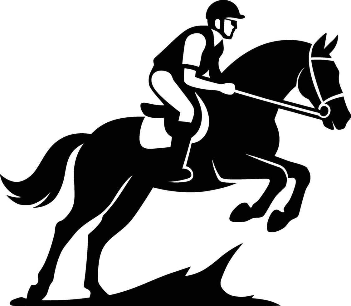 Equestrian Silhouette Jockey and Horse in a Dramatic Jump Dramatic Horse Jump Silhouette, Jockey Horse Action Silhouette Black, vector