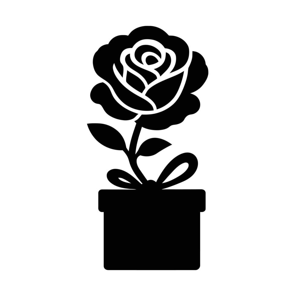 Rose in a Gift Box A Simple Icon for Romantic Occasions Rose in Gift Box Romantic Silhouette, Simple Black White Rose Gift Outline, vector