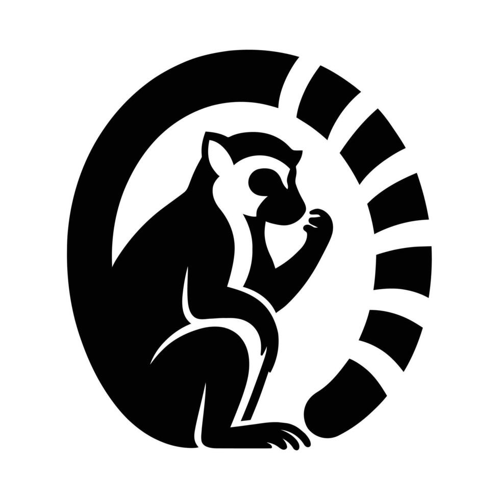 Stylized Lemur Silhouette in Circular Design Lemur Silhouette Circle Design, Lemur in Circle Black and White Silhouette, vector