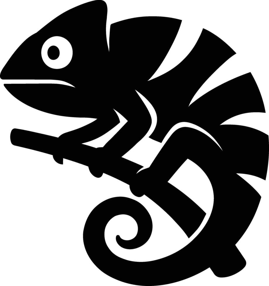 Chameleon on Branch Silhouette Art, Simple Lizard Silhouette Design. vector