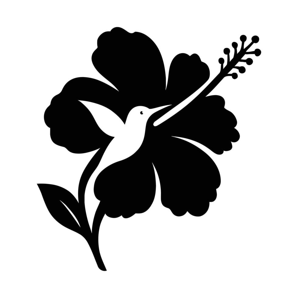 Hummingbird and Hibiscus Flower Silhouette Design Hummingbird and Hibiscus Silhouette, Bird and Hibiscus Flower Black Outline, vector