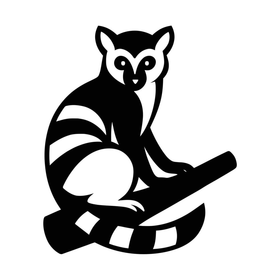 Stylized Black and White Lemur Silhouette on a Branch Lemur Branch Silhouette Black White, Black and White Lemur Tree Silhouette, vector