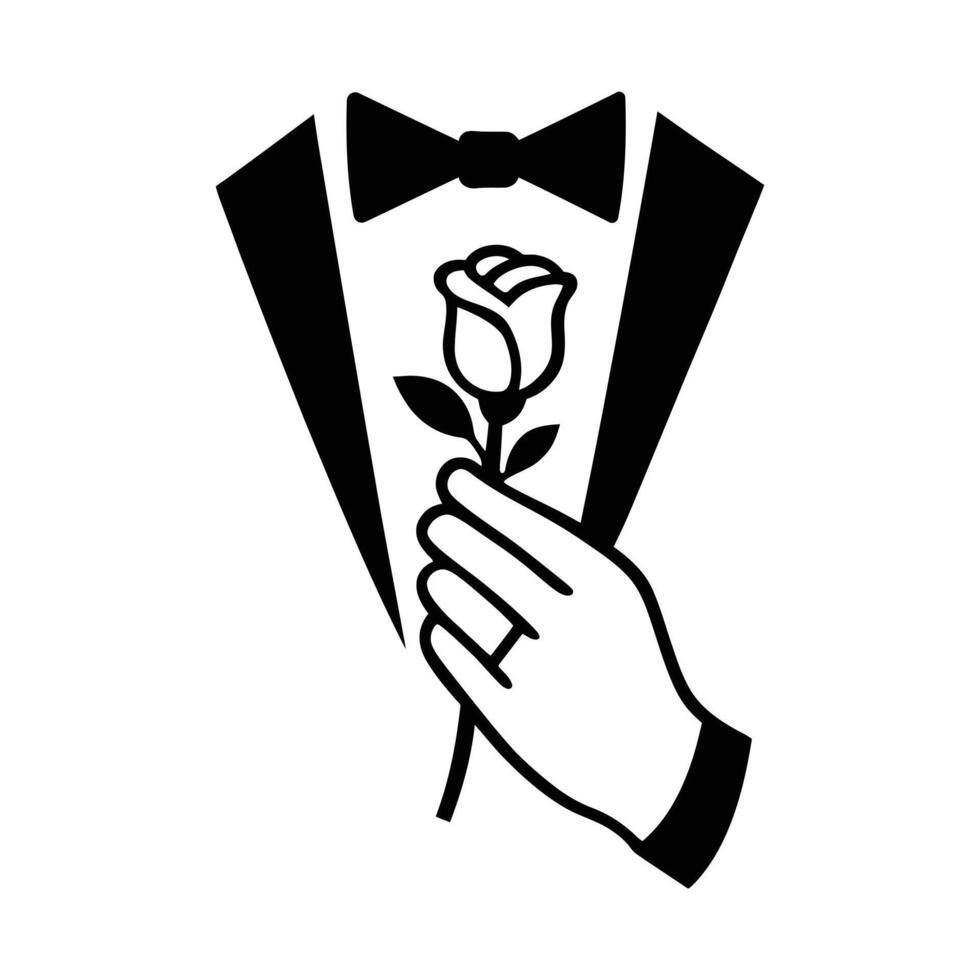 Man in tuxedo holding a rose symbolizing romance and elegance Man Holding Rose Silhouette, Tuxedo Man Silhouette Romantic Theme, vector