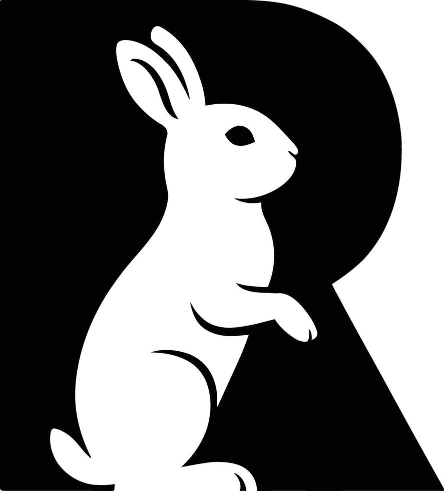 Letter R with White Rabbit Silhouette, Elegant Rabbit Letter Logo. vector