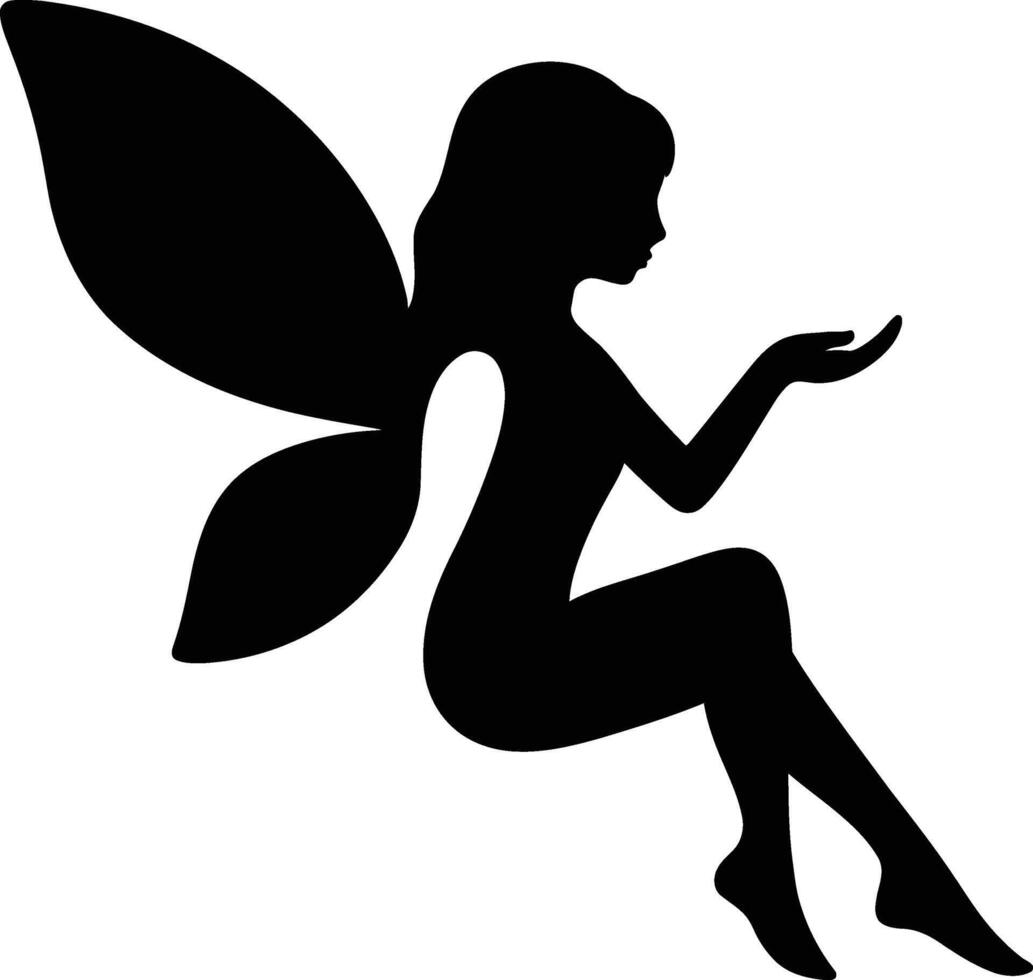Sitting Fairy with Outstretched Hand Silhouette, Magical Fairy Silhouette Design. vector