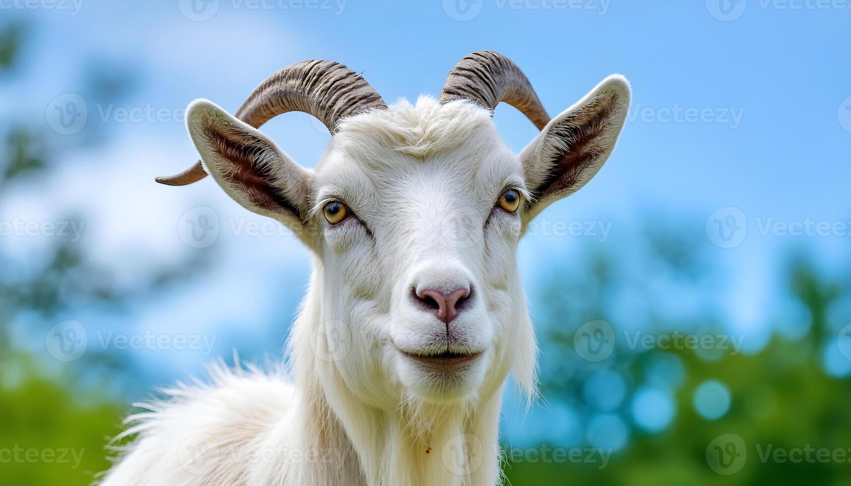 A White Goat Posing Against a Mountainous Landscape. photo
