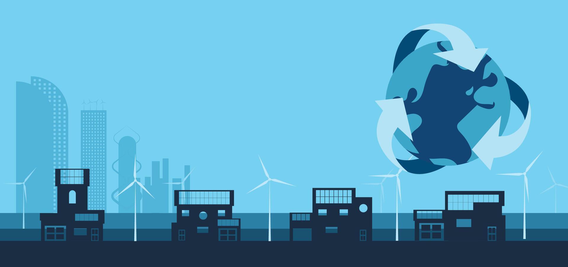 World recycling and green energy resources, sustainable living lifestyle with environmentally friendly power saving. illustration green urban city background. vector