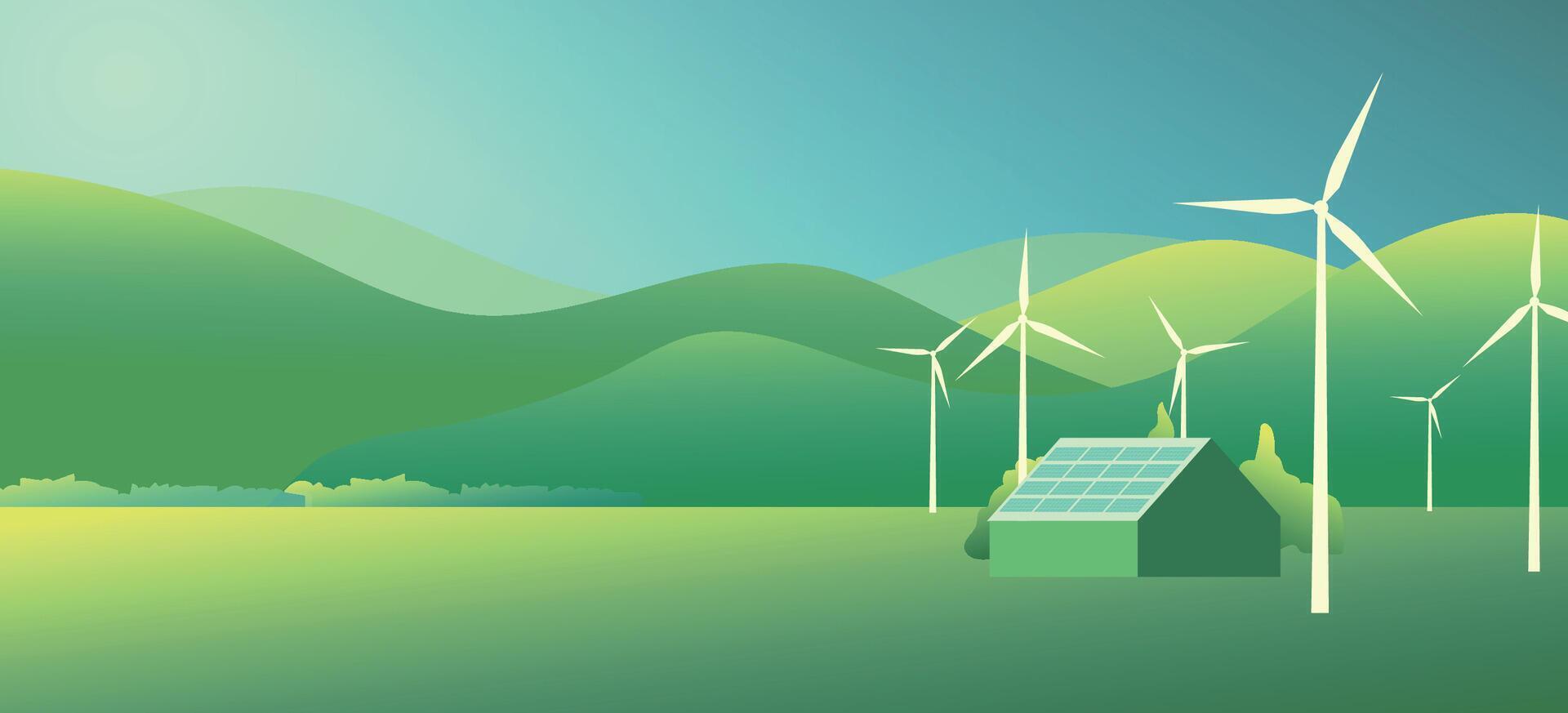 Farm house with solar panel and wind turbine with mountains, Environmental friendly green sustainable energy landscape scenery background. vector