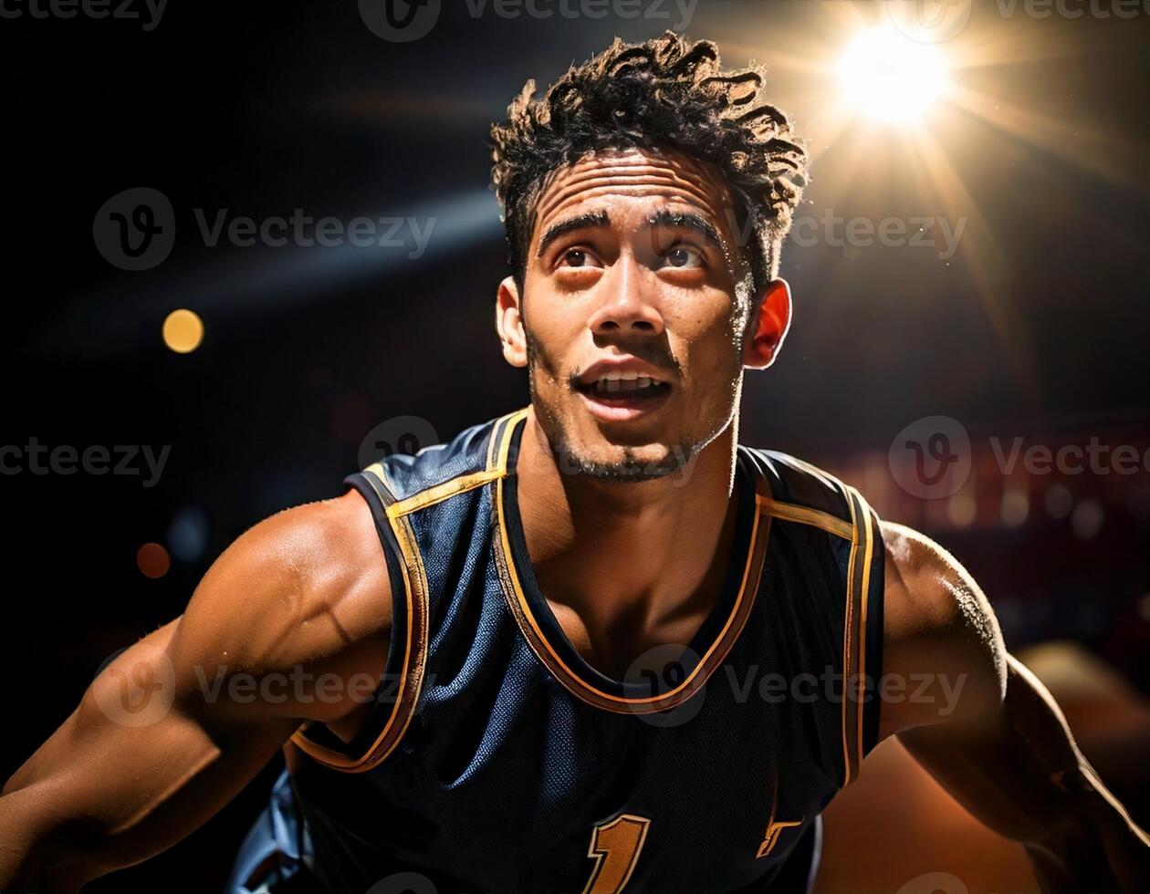 A smart basketball player making a slam dunk, captured in mid-air. photo
