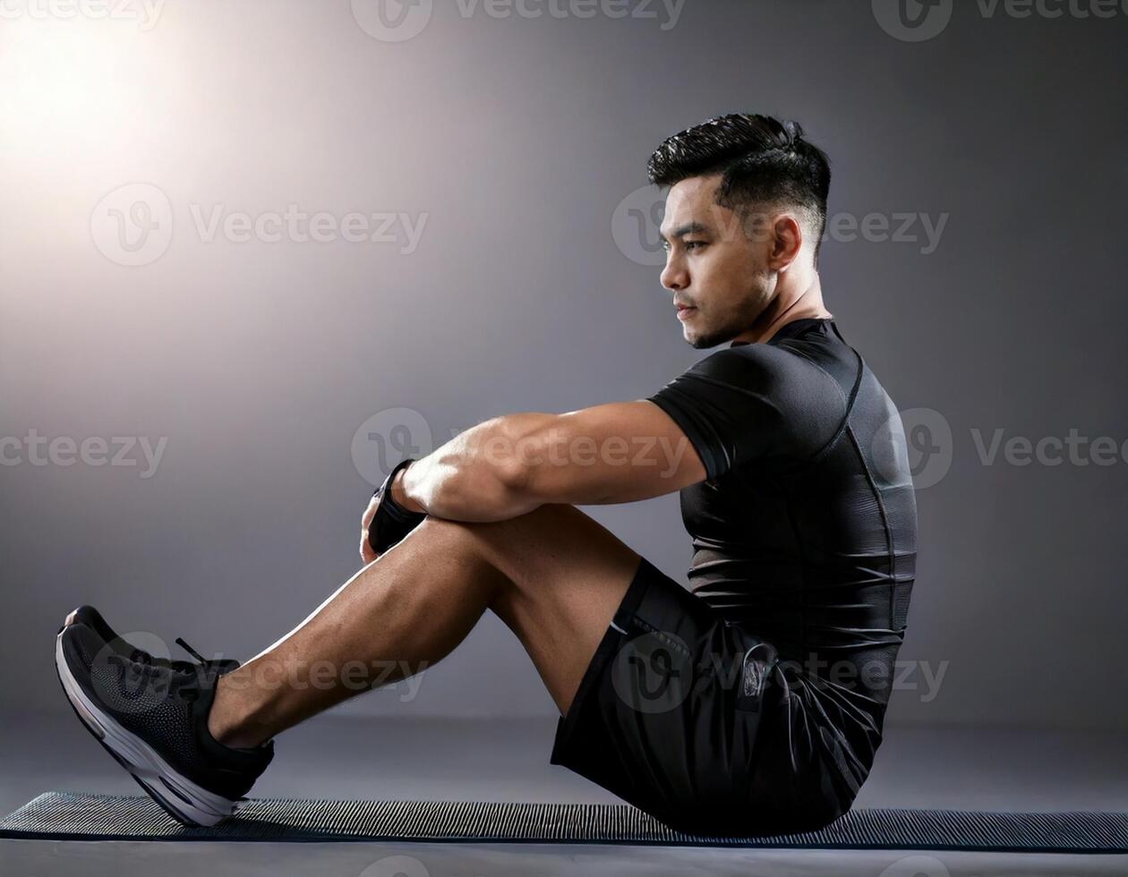 A male athlete doing sit-ups, isolated for fitness advertising photo