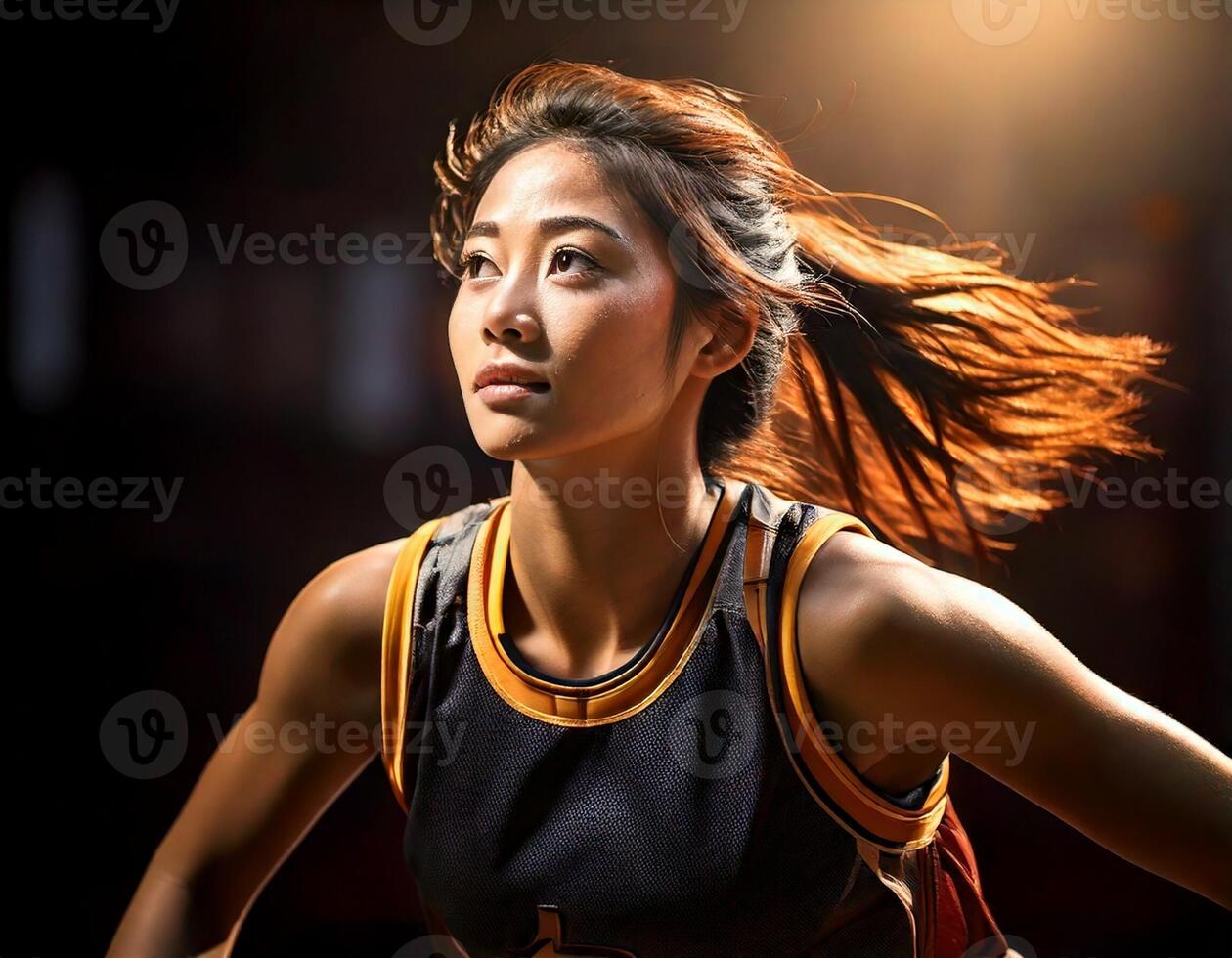 A basketball player making a slam dunk, captured in the air. photo