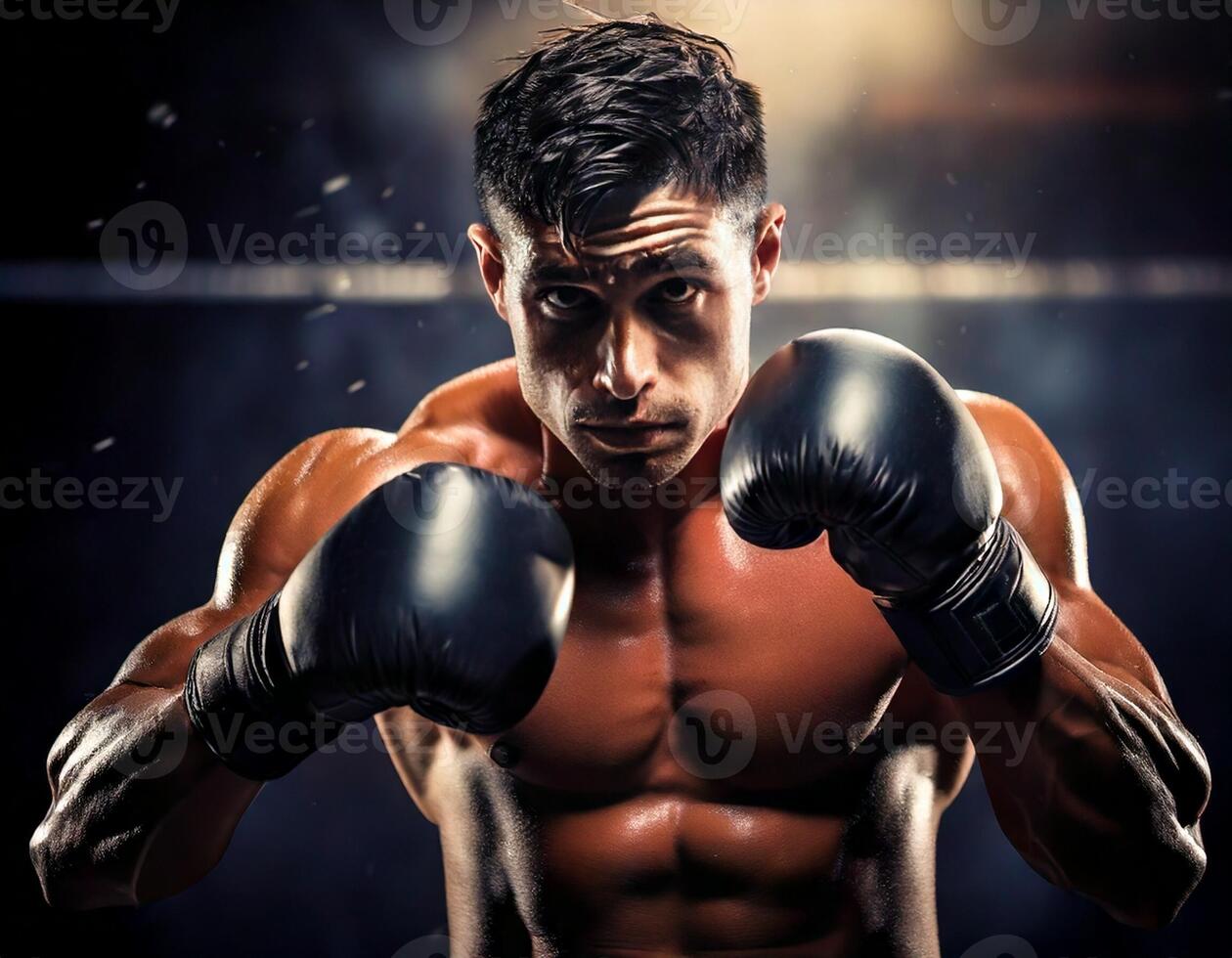 A strong male boxer throwing a strong punch with gloves on. photo