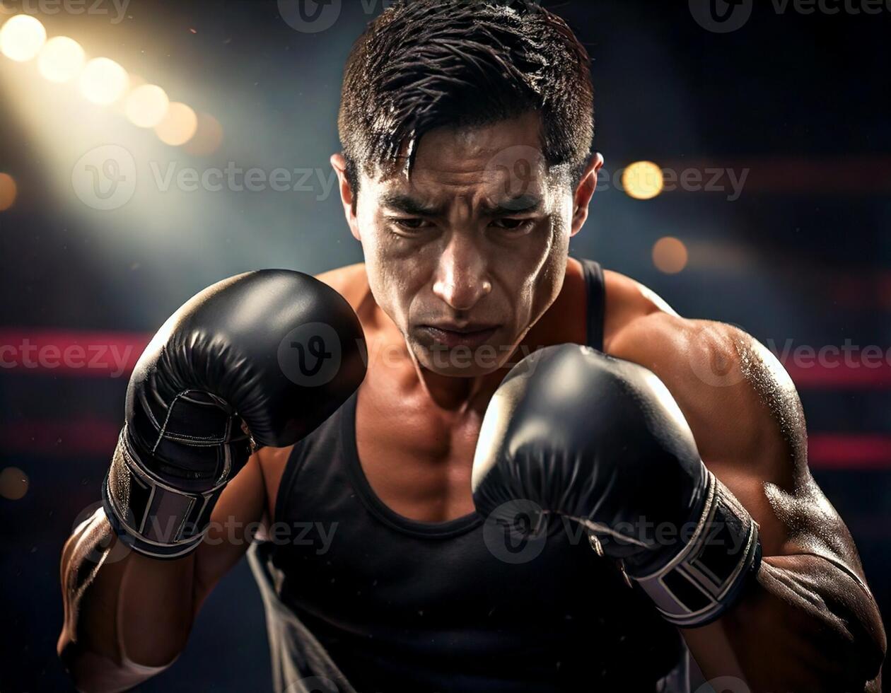 A male boxer throwing a strong punch with gloves on photo