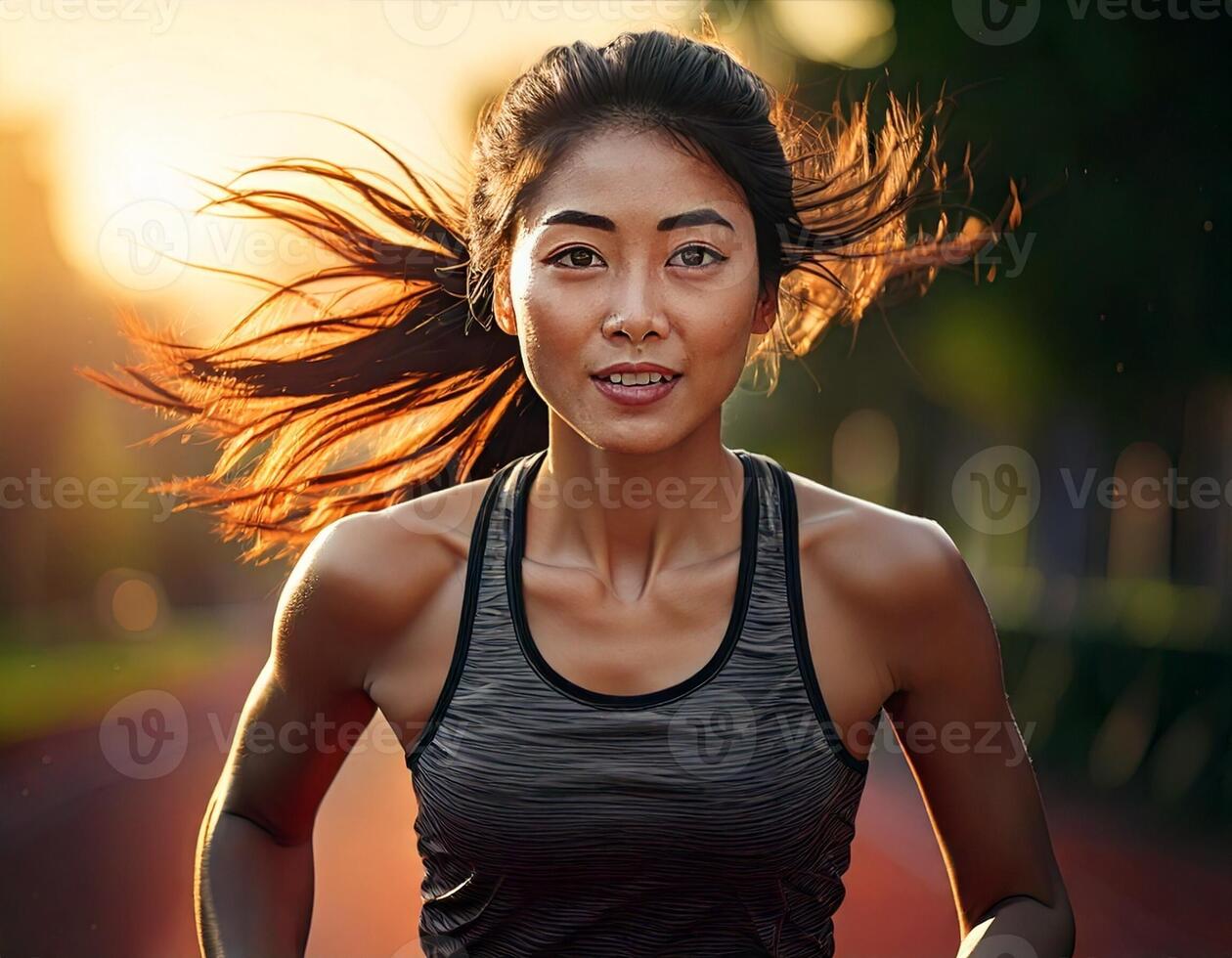 A strong female runner in athletic wear, sprinting forward with determination photo
