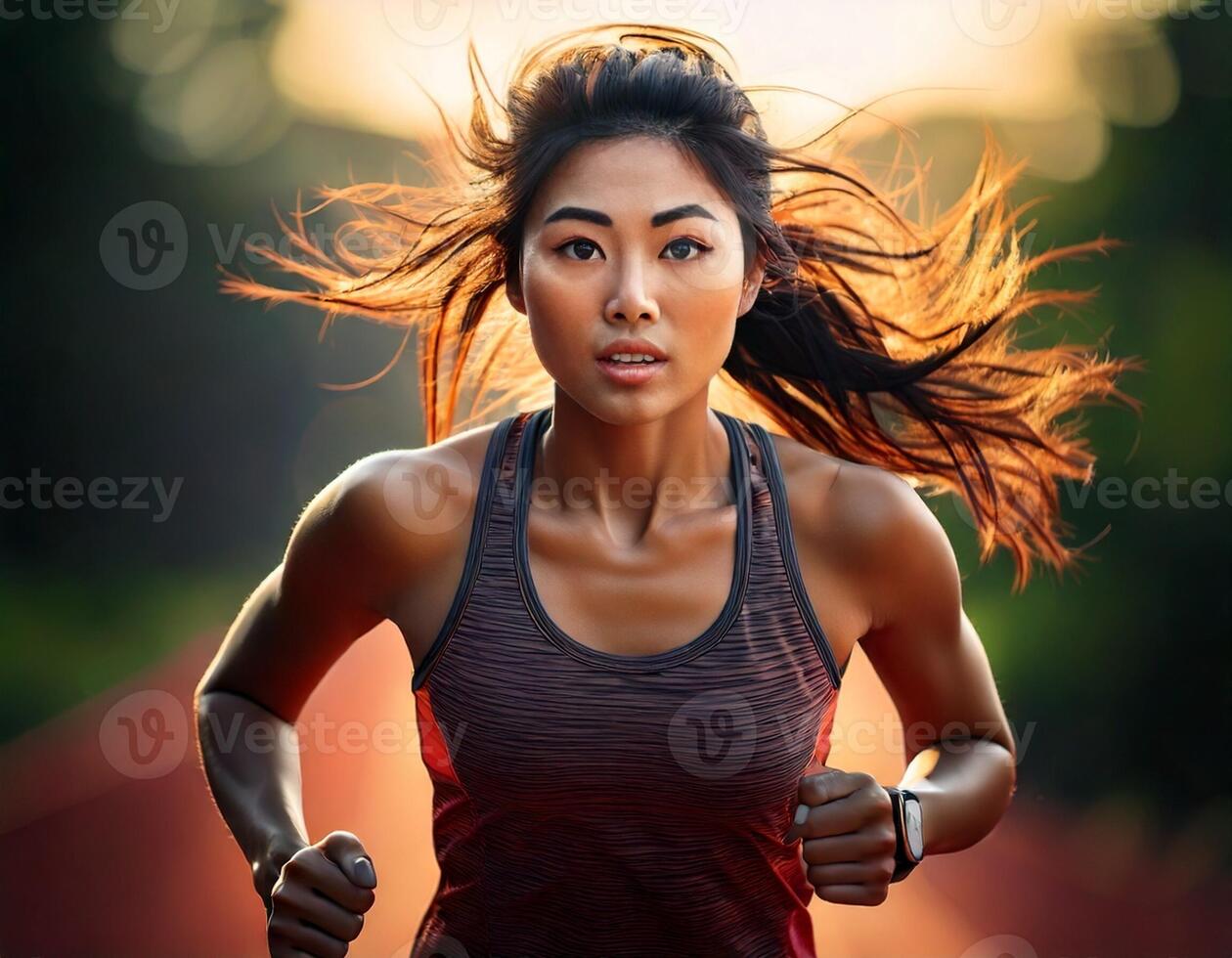 A female runner in athletic wear, sprinting forward with determinations photo