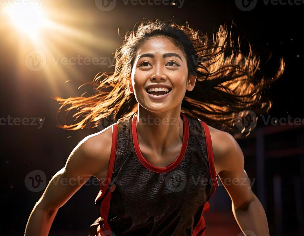 A strongest basketball player making a slam dunk, captured in mid-air. photo