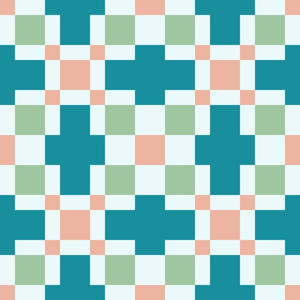 Seamless pixel art geometric pattern. Featuring squares and plus-shapes in a classic 8-bit style, this design uses a calming palette of teal, green, and peach against a light background. vector