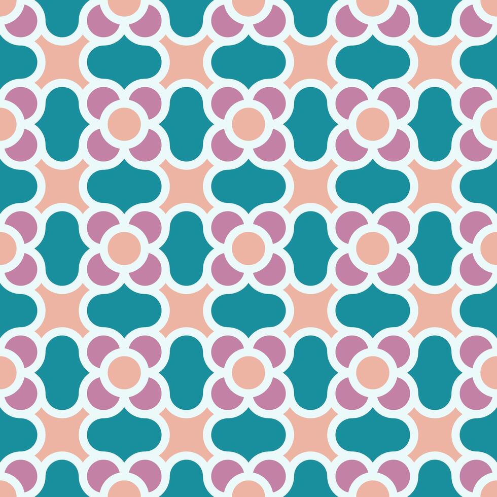 Seamless pattern featuring stylized floral and geometric motifs, presented in a harmonious teal, pink, and peach palette, creates a sophisticated and continuous background. vector