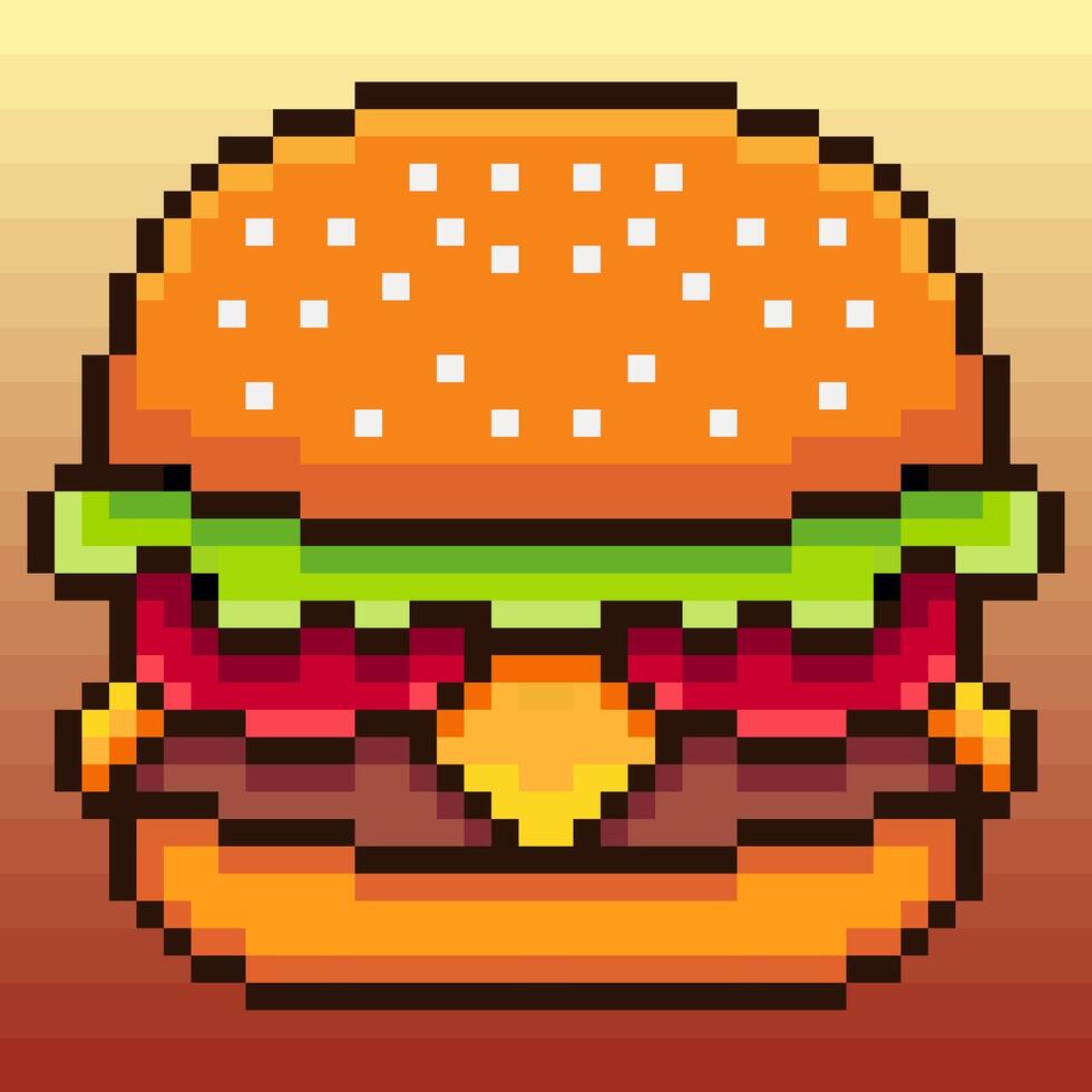 Pixel art burger illustration. Designed in a classic 8-bit style, features a sesame seed bun, lettuce, tomato, melted cheese, and patty against a warm background. vector