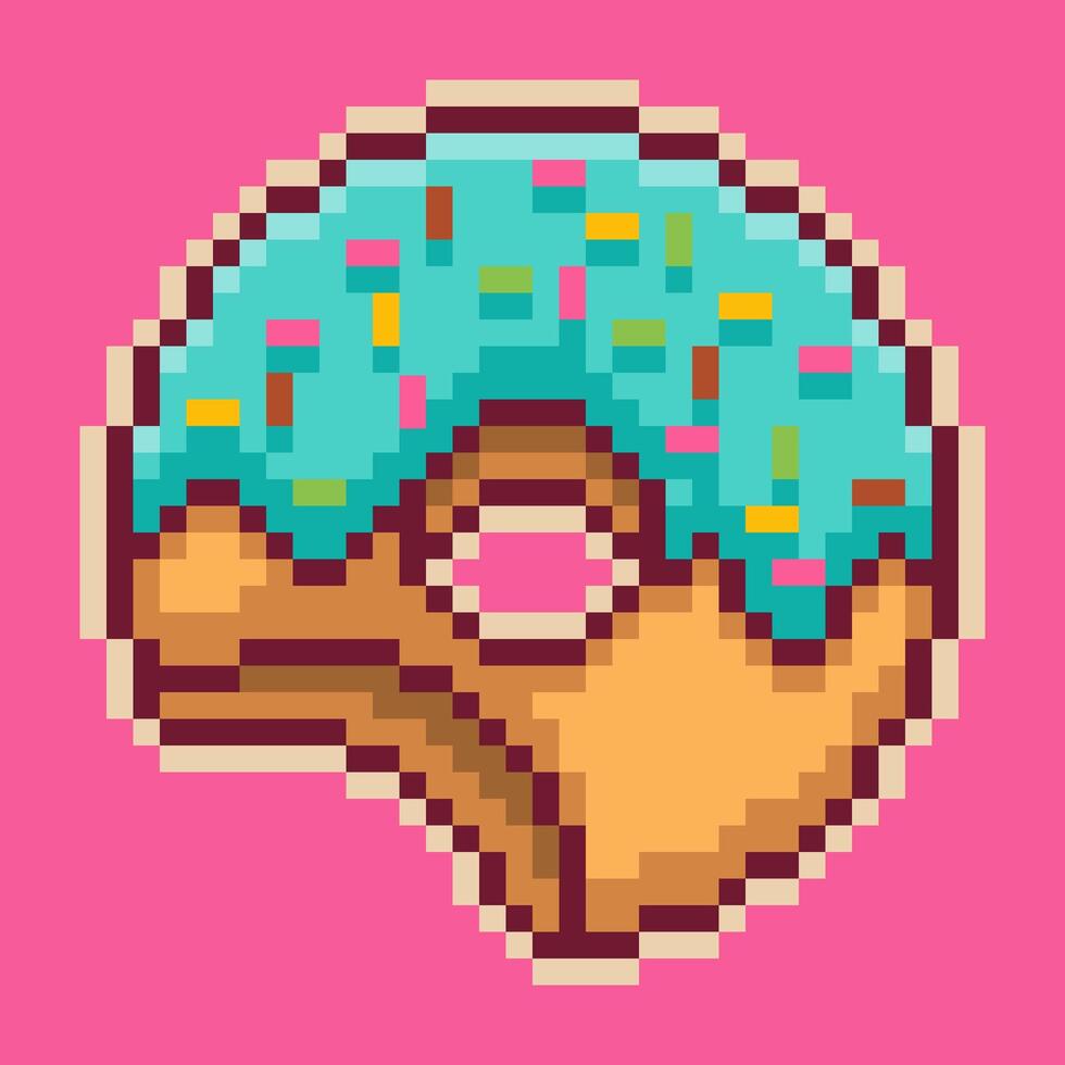 Retro pixel art donut. Rendered in a classic 8-bit style, it features vibrant blue icing, colorful sprinkles, and a playful bite taken out. vector