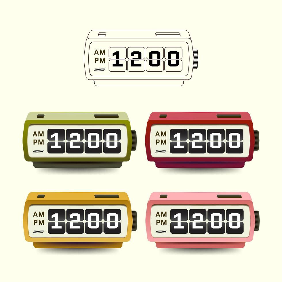 Colorful retro flip digital clock illustrations with AM and PM display. Includes four color variations. Great for UI, time concepts, icons, infographics, and digital interfaces. vector