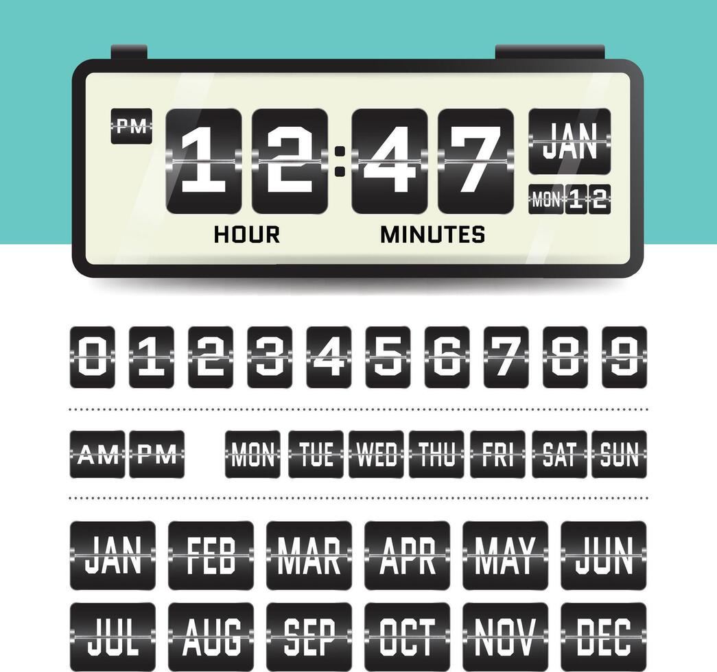 A set of flip clock UI elements including numbers, weekdays, and months. Ideal for creating custom digital time displays in apps, web, or print. vector