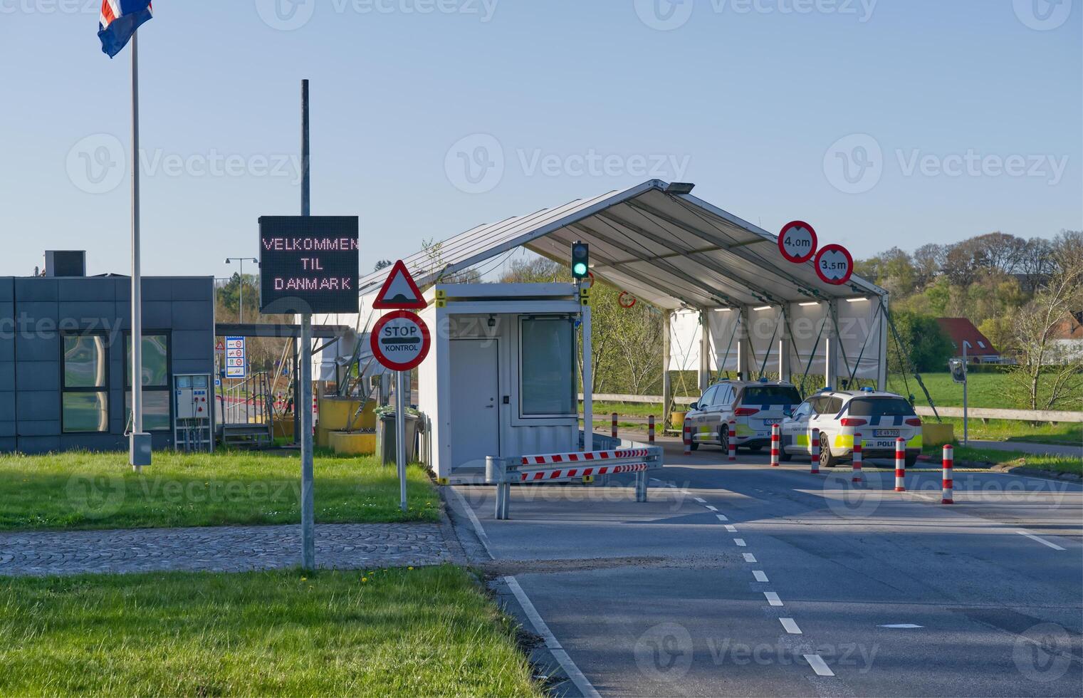 German Danish border with police checkpoint with welcome sign in Danish. photo
