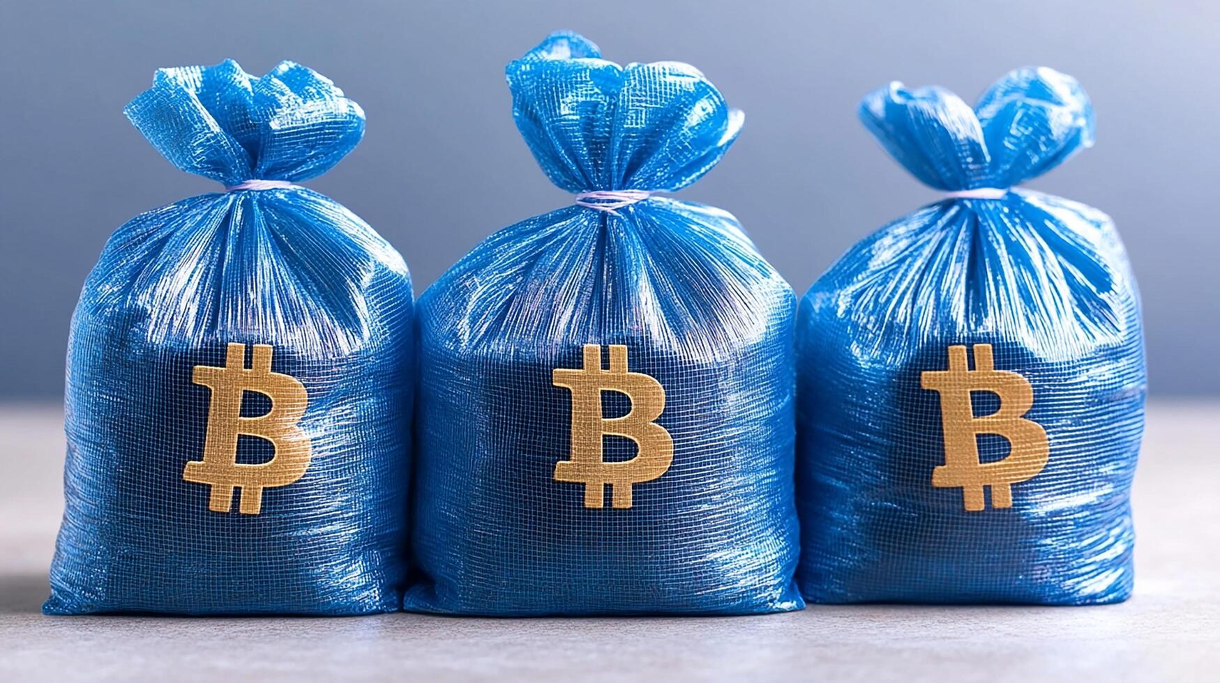 Three blue bags symbolizing cryptocurrency and finance management. photo