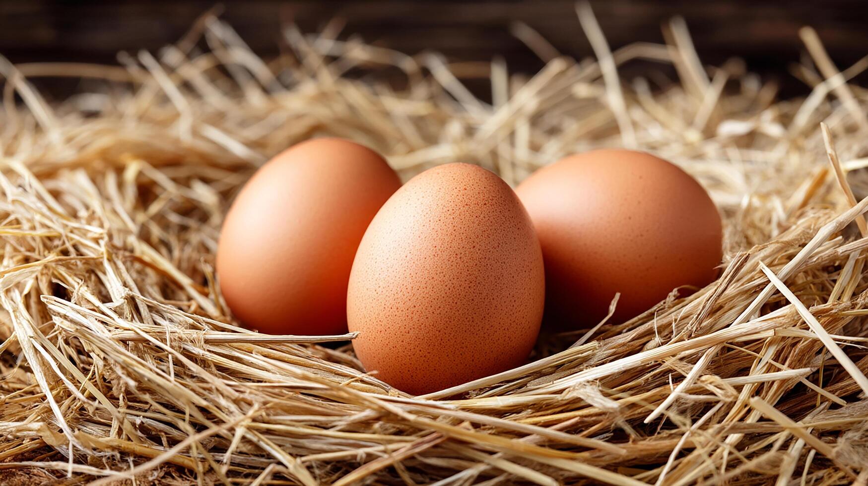 Three brown eggs nestled in straw, highlighting fresh, natural food ingredients. photo