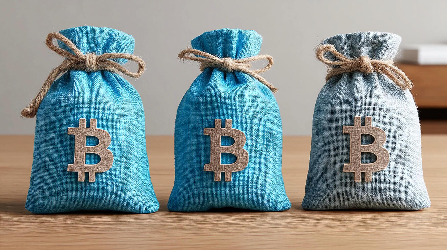 Three cloth bags with Bitcoin symbols, representing digital currency and finance. photo
