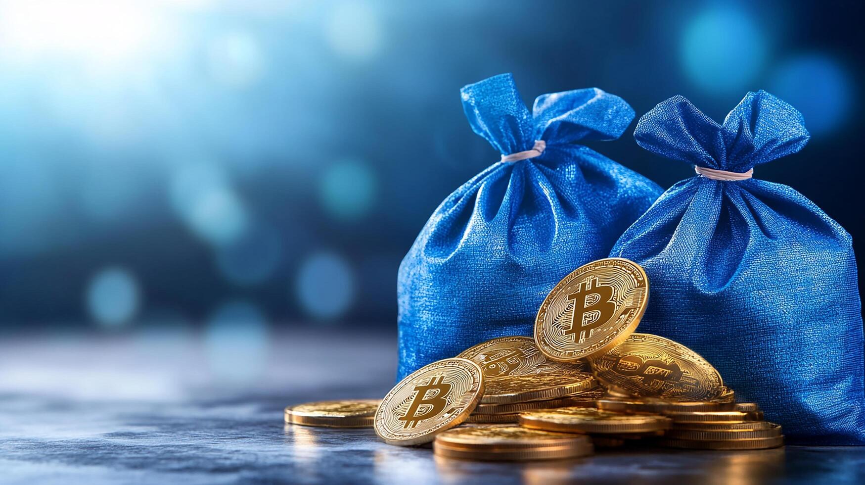 Blue bags filled with Bitcoin coins shine under soft light, symbolizing digital wealth. photo